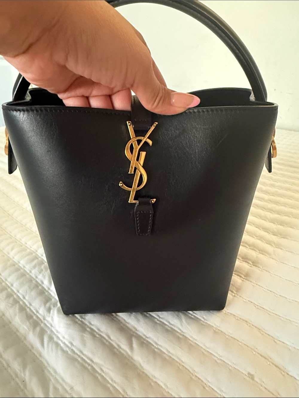 Saint Laurent Black Mini Bucket Bag with Gold YSL Emblem